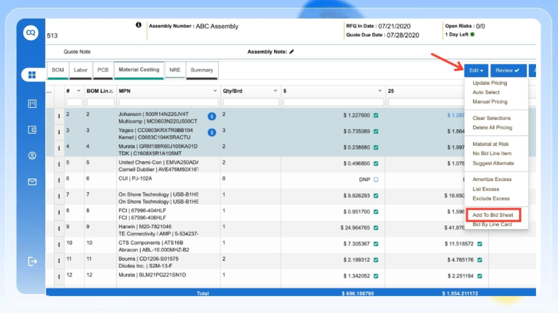 CalcuQuote Send Bid Sheets_on screen