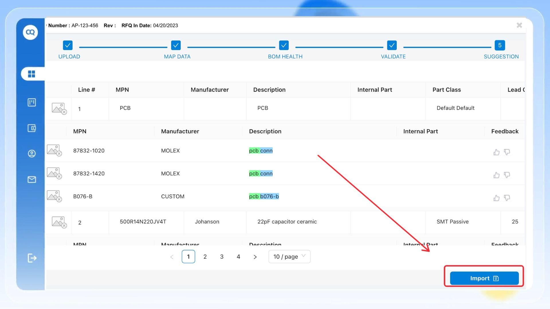CalcuQuote Smart import BOM component list_on screen