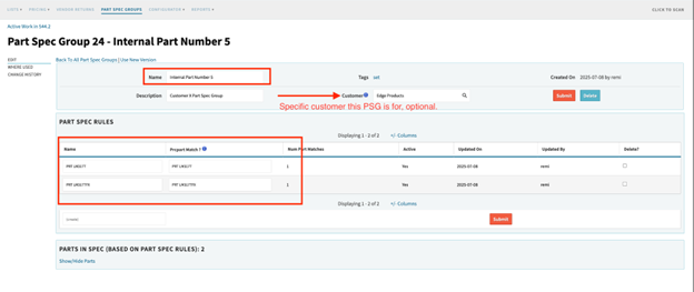 A part spec group in Cetec ERP configured to represent an internal part number. T